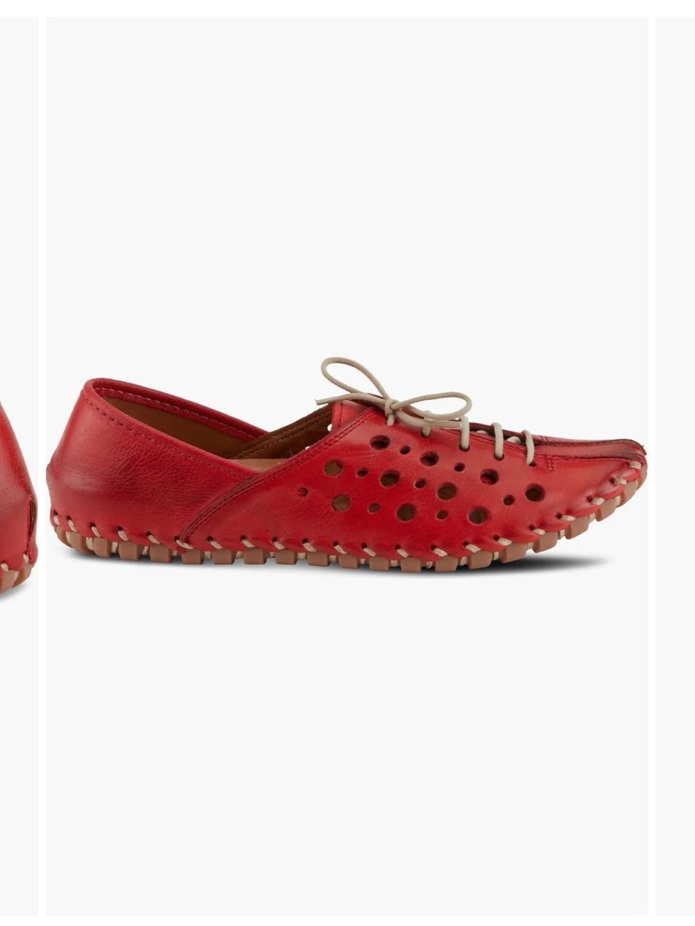 Spring Step Red Perforated Leather Moccasin Loafers with Beige Laces